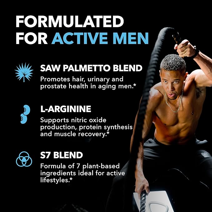 Saw Palmetto for Men with L Arginine Supplement | Hair Health & Male Health Support | L-Arginine Saw Palmetto Supplement with S7 Plant-Based Ingredients | Performance & Endurance | 60 Male Pills