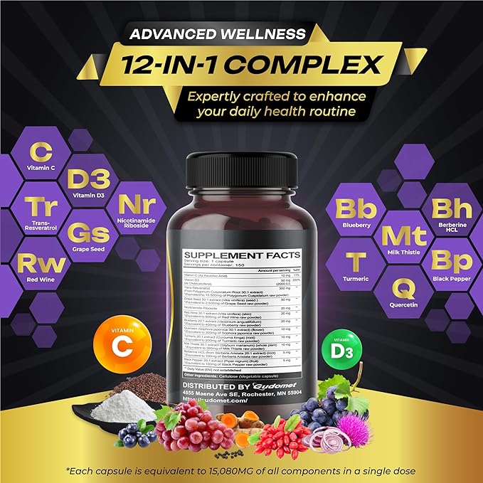 Trans-Resveratrol Grape Seed Extract Nicotinamide Riboside Blueberry Quercetin Turmeric Milk Thistle Berberine - Healthy Aging - 150 Capsules- Made in USA