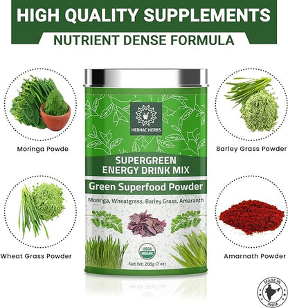 Organic Super Green Energy Drink Mix 200g (7 oz) Moringa Powder, Wheat Grass Powder, Barley Grass Powder, Amaranth Powder, Greens Superfood Detox Powder, Natural Energy Drink Mix 200g