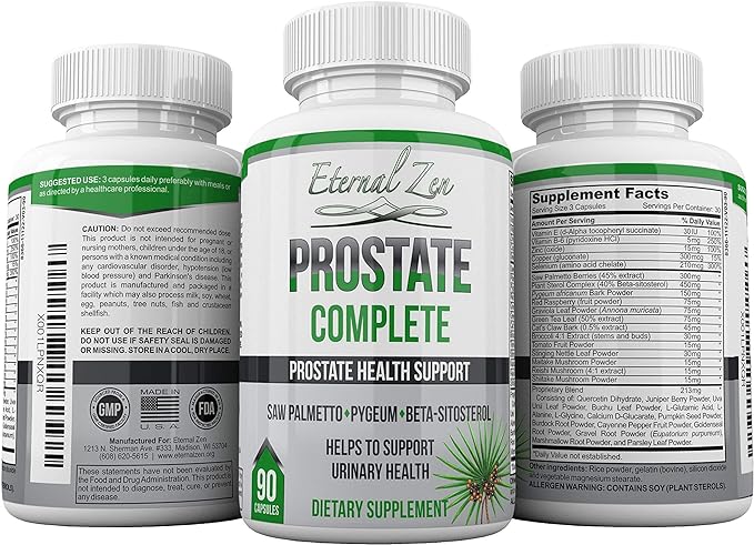 Prostate Complete Herbal Health Support Supplements for Men, Saw Palmetto Stinging Nettle Pygeum Beta-sitosterol Reishi Shiitake, 90 Count Capsule