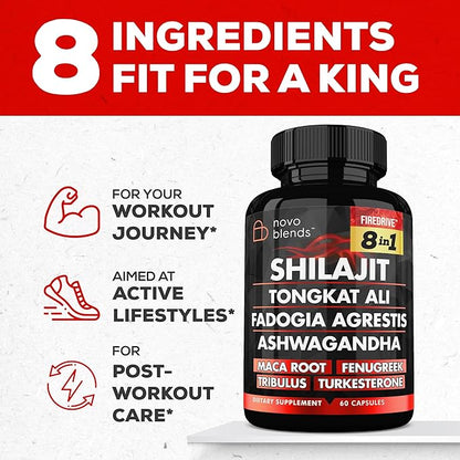 Shilajit 3000mg Tongkat Ali 15,000mg Fadogia Agrestis 1000mg Maca Root 2000mg Ashwagandha 4000mg Fenugreek 1500mg Tribulus Terrestris 500mg Turkesterone 500mg, 8-in-1 Supplement Blend for Men