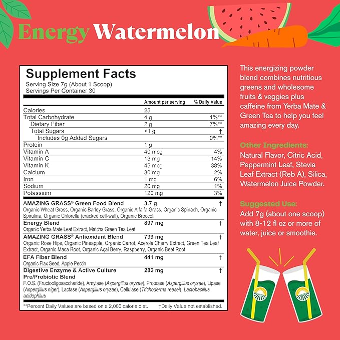 Amazing Grass Greens Superfood Energy: Greens Powder with Plant Based Caffeine, Matcha Green Tea & Beet Root Powder, Watermelon, 30 Servings (Packaging May Vary)