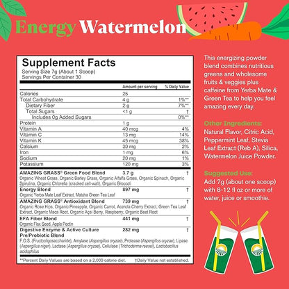 Amazing Grass Greens Superfood Energy: Greens Powder with Plant Based Caffeine, Matcha Green Tea & Beet Root Powder, Watermelon, 30 Servings (Packaging May Vary)