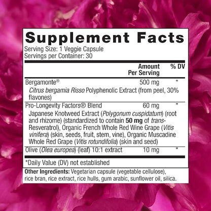 Reserveage Beauty, Bergamot Cholesterol Support with Resveratrol, Antioxidant Supplement for Cardiovascular Support & Heart Health, Vegan, 30 Capsules (30 Servings)