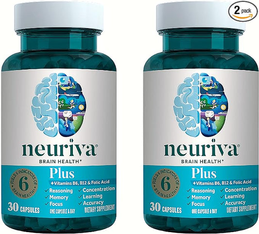 NEURIVA Nootropic Brain Support Supplement Plus Capsules (30ct Bottle) Phosphatidylserine, B6, B12, Folic Acid - Supports Focus, Memory, Learning, Accuracy, Concentration & Reasoning (Pack of 2)