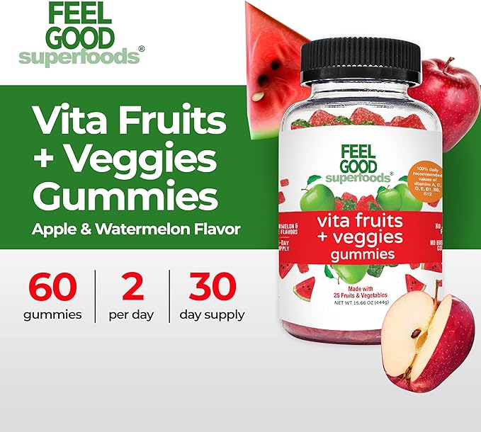 Vita Fruits and Veggies Supplements, Multivitamin Fruit and Vegetable Gummies, 25 Fruits and Vegetables, Watermelon and Apple Flavors, Vegan, Non-GMO, 60 Count