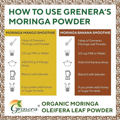 Grenera Organic Moringa Powder - 2.2 lbs (35.2 oz) | Moringa Oleifera Leaf Powder Lab Tested for Purity | Moringa Powder Organic Perfect for Smoothies, Drinks, Tea & Recipes | 100% Raw from India