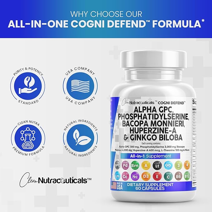 Clean Nutraceuticals Alpha GPC Choline 300mg Phosphatidylserine 3000mg Bacopa Monnieri 6000mg Ginkgo Biloba 2000mg Huperzine A 400mcg Supplement with Urdine Lions Mane Cats Claw NAC Vitamin C B D E