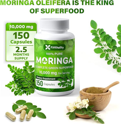 Moringa Capsules| 150 Capsules| Moringa Oleifera| 10,000mg| 100% Pure & Natural| Non-GMO and Gluten Free Supplement | Complete Green Superfood | Moringa Leaf Extract Powder