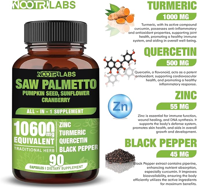 All-in-1 10600mg Highest Potency Saw Palmetto, Pumpkin seed, Sunflower, Cranberry, Turmeric, Quercetin, Zinc, Black Pepper - Immune, Antioxidant, Prostate & Joint Health Support - 90 Vegan Capsules