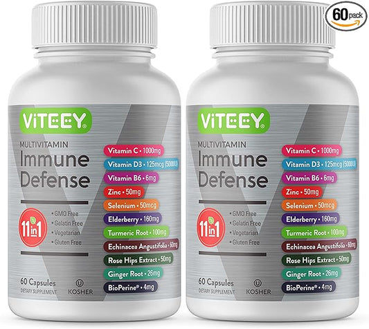 11 in 1 Multivitamin Immune Defense Supplement - Immune Booster Capsules for Adults - Vitamin C, Vitamin D3, Vitamin B6, Zinc, Elderberry, Echinacea, Turmeric, Rose-HIPS, Selenium, BioPerine, Ginger