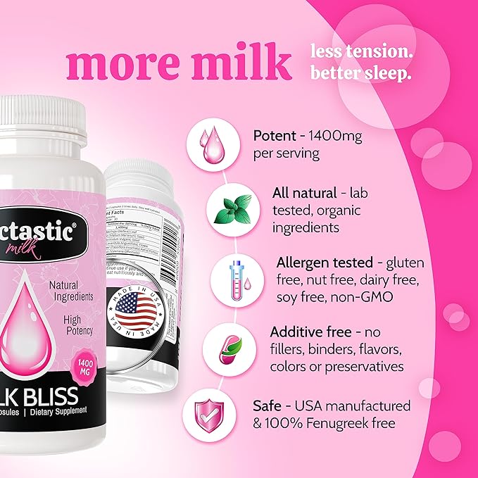 Lactastic® Milk Bliss™ - High Potency Organic Lactation Supplement - Organic Moringa, Milk Thistle, Passionflower & Valerian Root - 60 Vegan Capsules