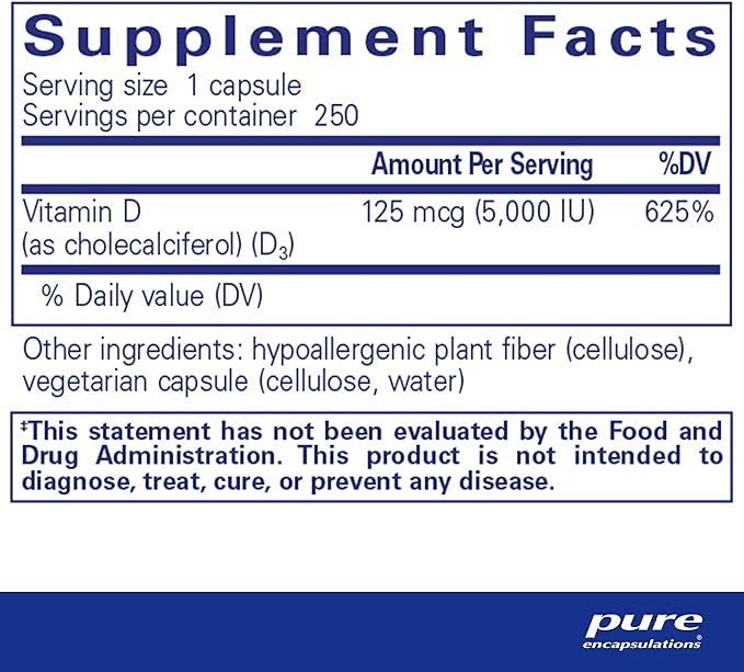 Pure Encapsulations Vitamin D3 125 mcg (5,000 IU) - Supplement to Support Bone, Joint, Breast, Heart, Colon, and Immune Health* - with Vitamin D - 250 Capsules