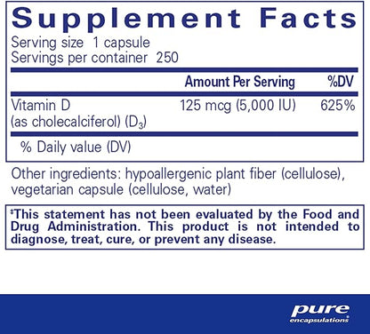 Pure Encapsulations Vitamin D3 125 mcg (5,000 IU) - Supplement to Support Bone, Joint, Breast, Heart, Colon, and Immune Health* - with Vitamin D - 250 Capsules