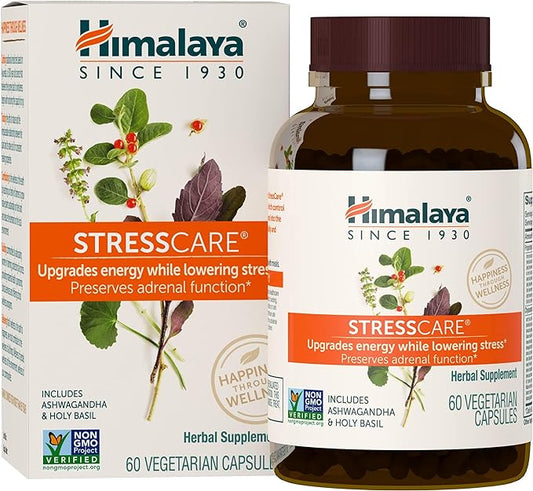 Himalaya StressCare Herbal Supplement, Supports Stress Relief, Energy Support, Relaxation, Occasional Sleeplessness, Ashwagandha, Holy Basil/Tulsi, Gotu Kola, Non-GMO, Vegetarian, 60 Capsules