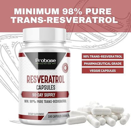 Ultra High Purity Resveratrol Capsules - 98% Trans-Resveratrol - Highly Purified and Bioavailable - 180 Caps Resveratrol Supplement