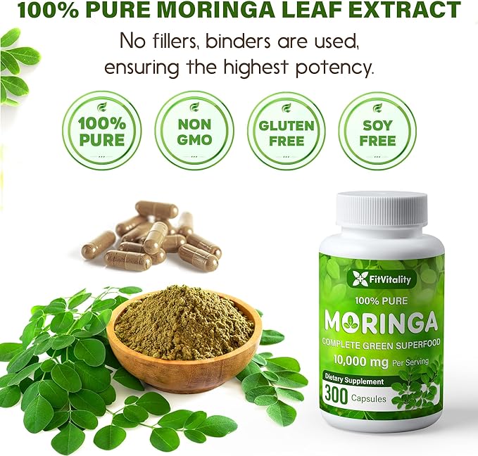 Moringa Capsules| 300 Capsules| Moringa Oleifera| 10,000mg| 100% Pure & Natural| Non-GMO and Gluten Free Supplement | Complete Green Superfood | Moringa Leaf Extract Powder