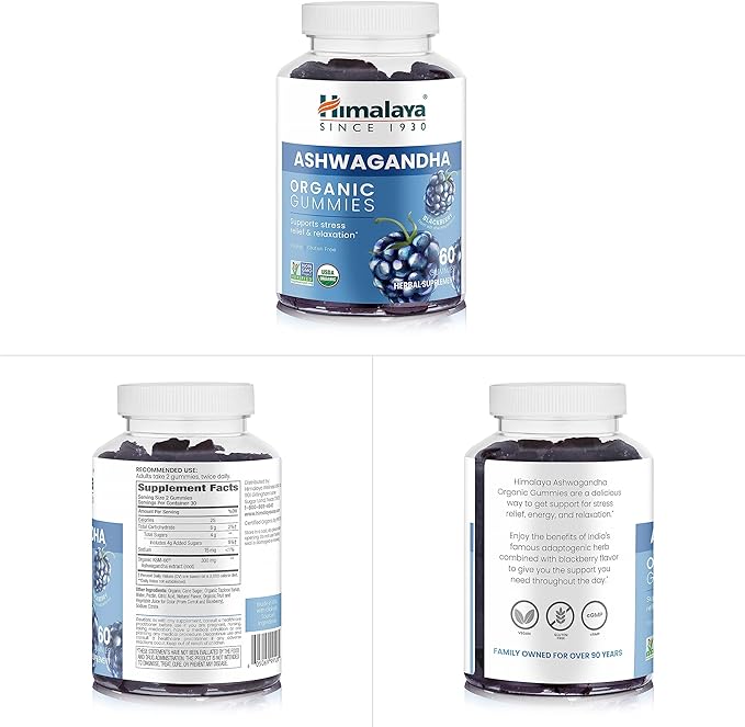 Himalaya Ashwagandha Organic Gummies, KSM-66 Organic Ashwagandha to Help with Stress Relief, Energy and Relaxation, 60 Gummies with Delicious BlackBerry Flavor