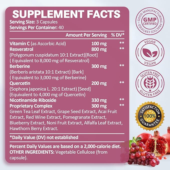 Resveratrol Supplement 8000mg Extra Strength with Berberine Quercetin Green Tea Extract Grape Seed Extract Polyphenol Antioxidant Supplement Antioxidant & Heart Health Support 120 Capsules