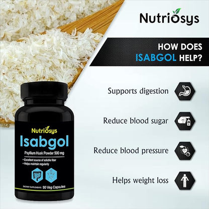 Isabgol Psyllium Husk 500mg Supplement, Excellent Source of Soluble Fiber, 90 Veg Capsules