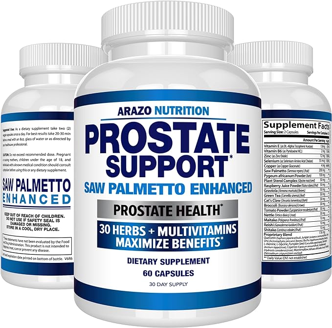 Arazo Nutrition Prostate Supplement - Saw Palmetto + 30 Herbs - Reduce Frequent Urination, Reduce Hair Loss, Support Stamina – Single Homeopathic Herbal Extract Health Supplements - Capsule or Pill