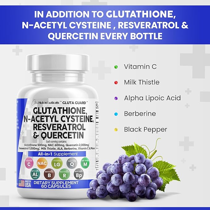 Clean Nutraceuticals Glutathione 500mg Supplement with Vitamin C N Acetyl Cysteine 600mg Berberine 1000mg Resveratrol Quercetin Alpha Lipoic Acid - Reduced L Glutathion Free Form Women 60 Ct USA Made