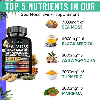 Sea Moss Black Seed Oil Ashwagandha Ginger Capsules. Sea Moss Capsules with Black Seed Oil, Ashwagandha, Turmeric, Moringa, Bladderwrack, Burdock Root, Manuka Honey, Cinnamon. 18-in-1 20’445 mg/Serv