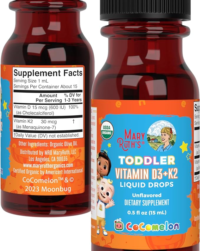 MaryRuth Organics CoComelon Vitamin D3 K2 Liquid Drops for Toddlers | Vitamin K2 D3 Supplement for Kids Ages 1-3 | Calcium Absorption | Strong Bones | USDA Organic | Sugar Free | 15 mL