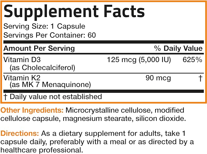 Bronson Vitamin K2 (MK7) with D3 Supplement Non-GMO Formula 5000 IU Vitamin D3 & 90 mcg Vitamin K2 MK-7 Easy to Swallow Vitamin D & K Complex, 60 Capsules