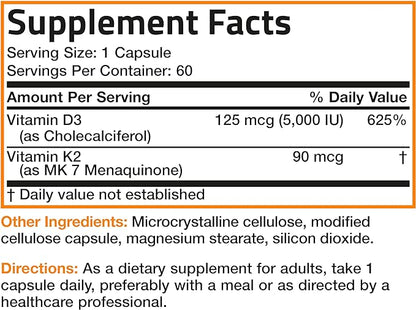 Bronson Vitamin K2 (MK7) with D3 Supplement Non-GMO Formula 5000 IU Vitamin D3 & 90 mcg Vitamin K2 MK-7 Easy to Swallow Vitamin D & K Complex, 60 Capsules