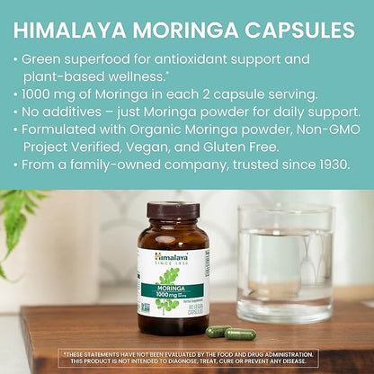 Himalaya Moringa, 60 Capsules, Green Superfood for Antioxidant Support and Wellness, 1000 mg, 1 Month Supply, Non-GMO Project Verified, Vegan, Gluten Free Supplement, Additive Free