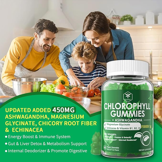 Chlorophyll Fiber Gummies 200mg +Ashwagandha, with Magnesium Glycinate, Echinacea, Vitamin D B1 B2 for Internal Deodorant, Comfort Digestion, Healthy Skin, Metabolism Support, Fresh Body Odor, 2 Packs