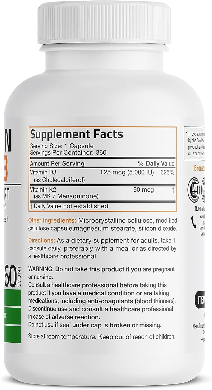 Bronson Vitamin K2 (MK7) with D3 Supplement Non-GMO Formula 5000 IU Vitamin D3 & 90 mcg Vitamin K2 MK-7 Easy to Swallow Vitamin D & K Complex, 360 Capsules