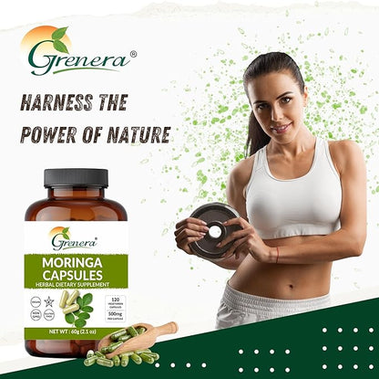 Grenera Moringa Capsules 120 nos, 100% Pure Single Origin Moringa Oleifera Leaf Powder, Malunggay Pills Supplement for Energy, Metabolism, & Immune Support