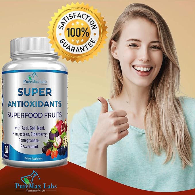 Super Antioxidant Fruit Superfood Complex - Powerful Antioxidant Superfruits, Acai, Goji, Noni, Mangosteen, Pomegranate, Elderberry, Resveratrol, Immune Support, Skin Care - 60 Capsules