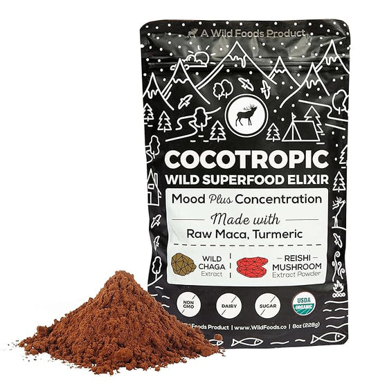 Organic Cacao Mushroom Chocolate Mix, 8 oz | Superfood Mushroom Blend, Non-GMO, Vegan, Gluten Free, Mood, Cold Processed, Reishi, Chaga, Maca, Turmeric (32 Servings)