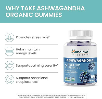 Himalaya Ashwagandha Organic Gummies, KSM-66 Organic Ashwagandha to Help with Stress Relief, Energy and Relaxation, 60 Gummies with Delicious BlackBerry Flavor