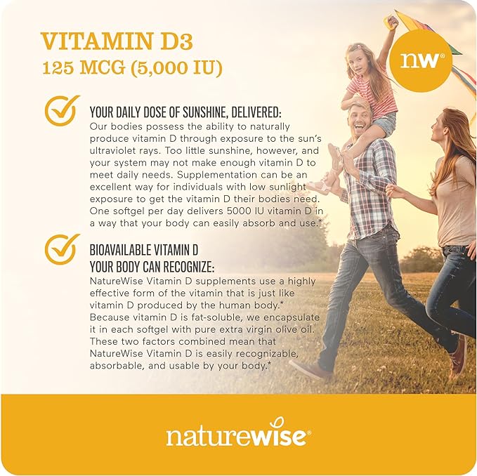 NatureWise Vitamin D3 5000iu (125 mcg) Healthy Muscle Function, and Immune Support, Non-GMO, Gluten Free in Cold-Pressed Olive Oil, Packaging Vary ( Mini Softgel), 90 Count