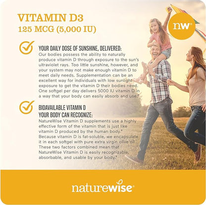 NatureWise Vitamin D3 5000iu (125 mcg) Healthy Muscle Function, and Immune Support, Non-GMO, Gluten Free in Cold-Pressed Olive Oil, Packaging Vary ( Mini Softgel), 90 Count