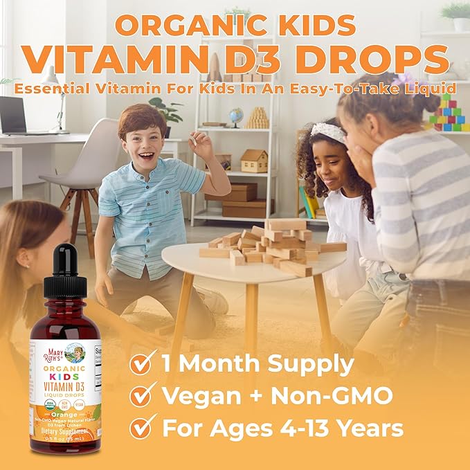 USDA Organic Vitamin D3 Liquid Drops for Kids by MaryRuth's | 640 IU Vitamin D3 Per Serving | Kids Immune Support & Bone Health Supplement | Formulated for Ages 4-13 | 0.5oz | 30 Servings