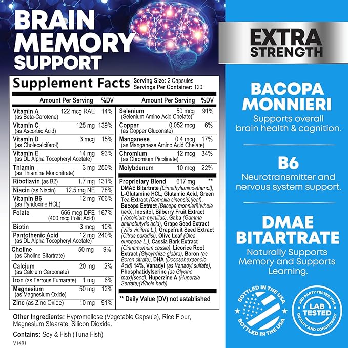 Nootropic Brain Supplements for Memory and Focus - 40 Nootropics & Vitamins to Support Clarity & Concentration, Brain Health Memory Pills with Phosphatidylserine Bacopa Huperzine & DMAE - 240 Capsules