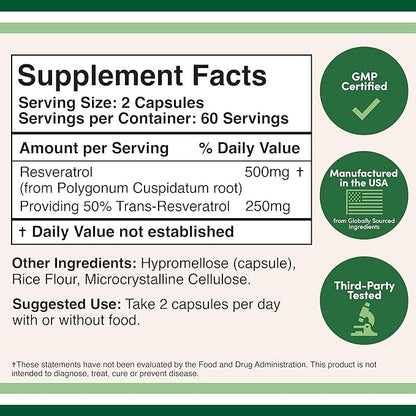 Resveratrol Supplement 500mg Per Serving, 120 Capsules (Resveratrol Polygonum Root Extract Providing 50% Trans Resveratrol) Healthy Aging Support by Double Wood