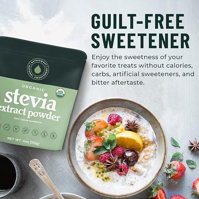 NatriSweet Stevia Powder, 4 oz, Pure Stevia Sweetener with No Additives, No Fillers, Zero Carbs, Zero Calorie, Organic Stevia Powder For Sugar Substitute, 300 Times Sweeter Than Sugar, 800+ Servings