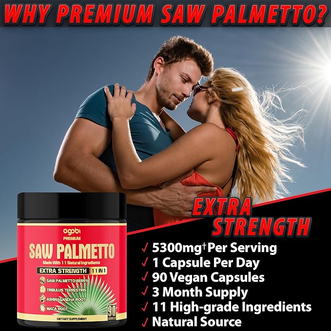 Saw Palmetto Berry Extract Supplement - 90 Capsules - Ashwagandha Root, Turmeric, Tribulus, Maca, Green Tea, Ginger, Holy Basil & More