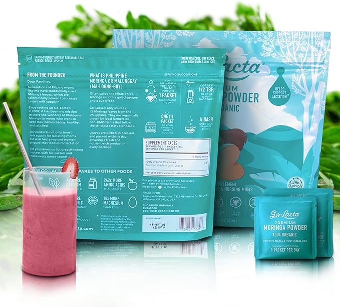 Go-Lacta® Super Moringa Powder: Boost Breast Milk Naturally! 30 3g Packets of Pure Organic Moringa - Perfect for Moms, 100% Vegan