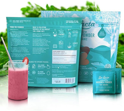 Go-Lacta® Super Moringa Powder: Boost Breast Milk Naturally! 30 3g Packets of Pure Organic Moringa - Perfect for Moms, 100% Vegan