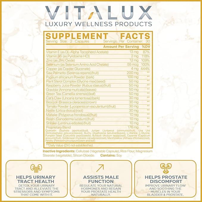 VITALUX || #1 Rated Premium Prostate Support Supplement || Urinary Tract Health, Helps Prostate Function | Ultra Dosed Formula w/ 30 Powerful Ingredients | 3rd Party Tested + USA Made - 60 Capsules