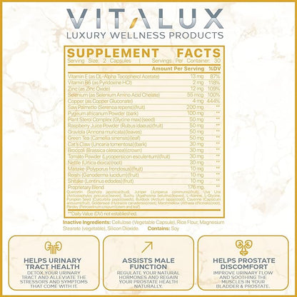 VITALUX || #1 Rated Premium Prostate Support Supplement || Urinary Tract Health, Helps Prostate Function | Ultra Dosed Formula w/ 30 Powerful Ingredients | 3rd Party Tested + USA Made - 60 Capsules