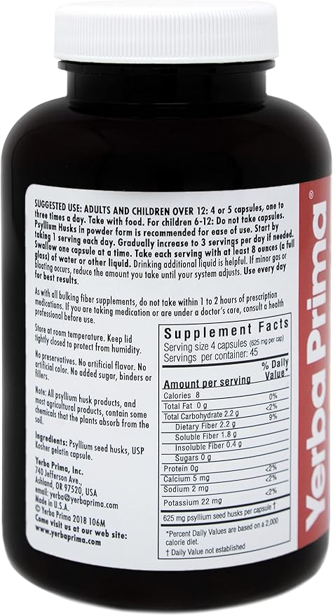 Yerba Prima Psyllium Husk Caps - 180 Capsules (Pack of 2) - Easy to Swallow Fiber Supplement - Colon Cleanse - Gut Health - Non-GMO Gluten Free