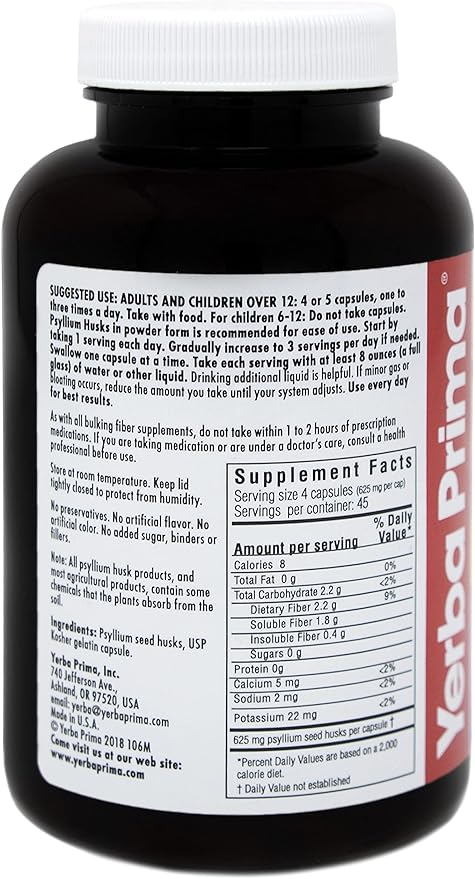 Yerba Prima Psyllium Husks Caps - 180 caps (Pack of 4) - Natural Fiber Supplement - Non-GMO Gluten Free